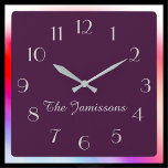 Horloge Carrée CHOOSE YOUR COLOR, minimaliste Purple Default<br><div class="desc">CHOOSE YOUR OWN BACKGROUND COLOR to decorate this personalized clock. Default est purple. You can easily change the text and background color - or keep my sophisticated minimalist aubergine and gray design. What a wonderful gift for An, wedding, bridal shower, or new home. Tous les Rights Reserved © 2014 Alan...</div>
