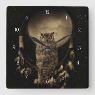 Horloge Carrée Chouette amérindienne et chasseur de rêves