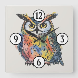 Horloge Carrée Chouette aquarelle colorée