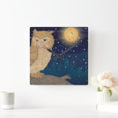 Horloge Carrée Chouette avec lune (Maison)