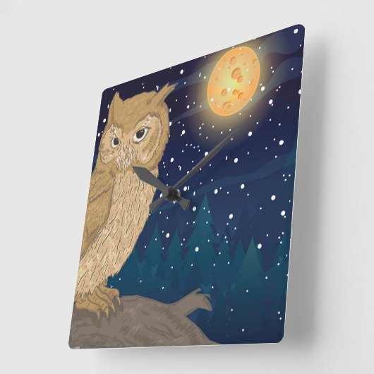 Horloge Carrée Chouette avec lune (Angle)