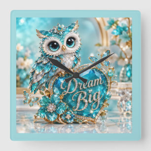 Horloge Carrée Chouette de luxe en cristal de turquoise Rêve gran