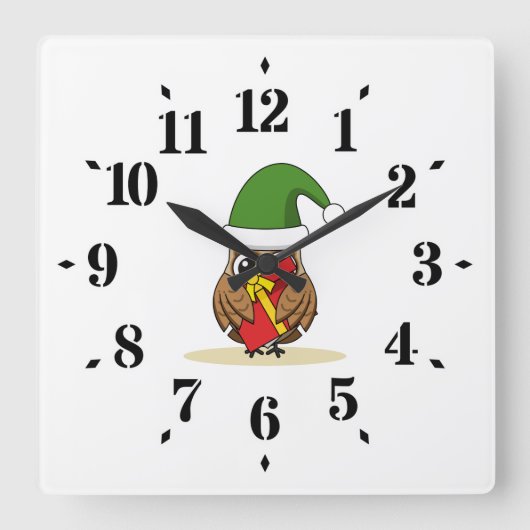 Horloge Carrée Chouette elfe de Noël avec présent (Recto)