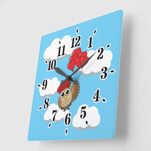 Horloge Carrée Chouette mignonne volant avec des ballons de coeur (Angle)