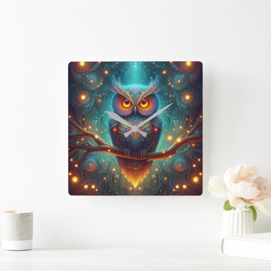 Horloge Carrée Chouette psychédélique dans une forêt cosmique (Maison)