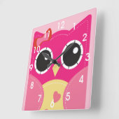 Horloge Carrée Chouette rose (Angle)