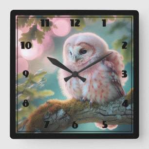 Horloge Carrée Chouette rose Imaginaire