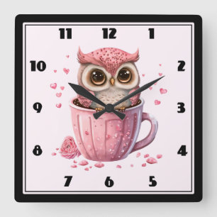 Horloge Carrée Chouette rose mignonne en coupe