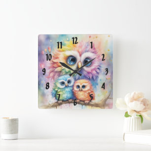 Horloge Carrée Chouettes d'oiseaux arc-en-ciel 4