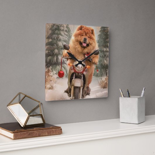 Horloge Carrée Chow Chow Chien chevauchant la moto Noël (Bureau)