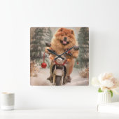Horloge Carrée Chow Chow Chien chevauchant la moto Noël (Maison)