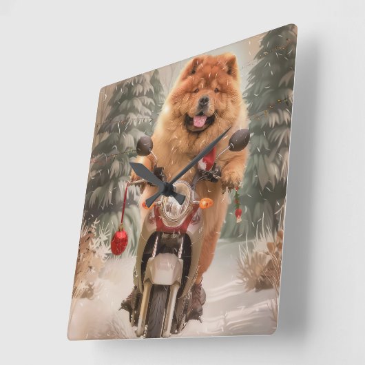Horloge Carrée Chow Chow Chien chevauchant la moto Noël (Angle)