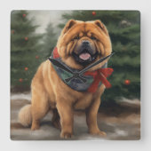 Horloge Carrée Chow Chow Chien de Noël en neige (Recto)
