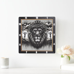 Horloge Carrée Christ Lion Calvaire Religieux