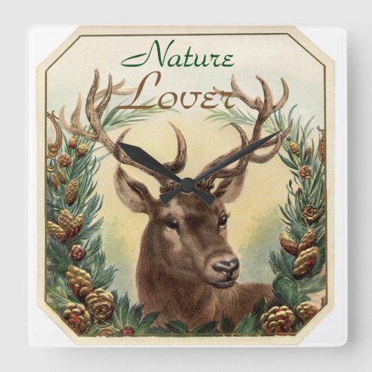 HORLOGE CARRÉE CHRISTMAS DEER PINE CONE CROWN NATURE LOVER (Recto)