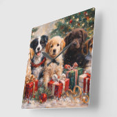 Horloge Carrée Christmas Puppies with Gifts Under Decorated Tree (Angle)