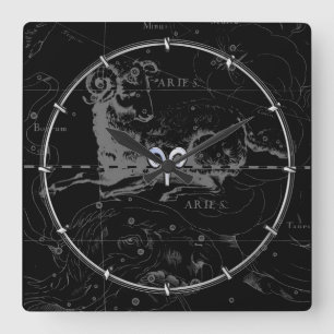 Horloge Carrée Chrome like Aries Zodiac Sign on Hevelius Black
