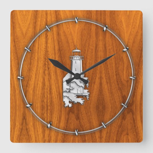 Horloge Carrée Chrome Style Lighthouse on Teak Wood Decor (Recto)