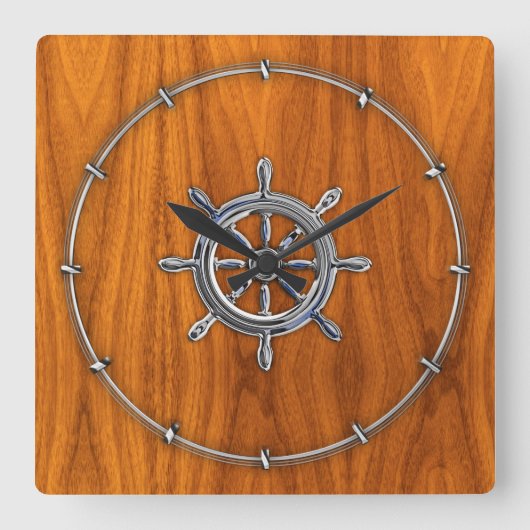 Horloge Carrée Chrome style Nautical Wheel on Teak (Recto)