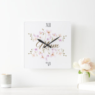 Horloge Carrée Chrysanthème Floral, Cadeau de Fête des Mères et d