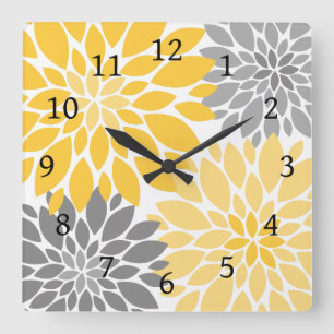 Horloge Carrée Chrysanthèmes jaunes et gris Motif floral