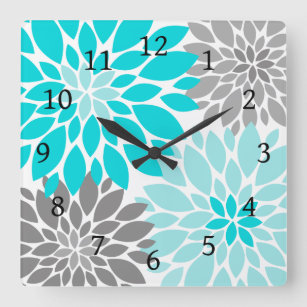 Horloge Carrée Chrysanthèmes turquoise et gris Motif floral