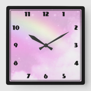 Horloge Carrée Ciel rose avec Citron jaune arc-en-ciel