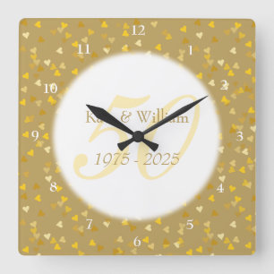 Horloge Carrée cinquantième Confettis de coeurs d'or