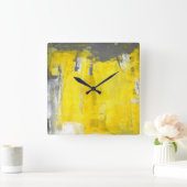 Horloge Carrée "Cinquième" art abstrait gris et jaune (Maison)