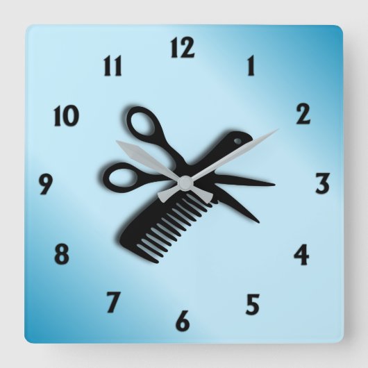 Horloge Carrée Ciseau et peigne bleu (Recto)