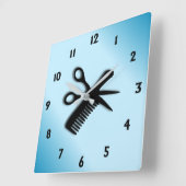 Horloge Carrée Ciseau et peigne bleu (Angle)