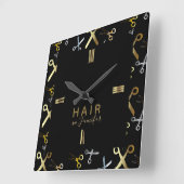 Horloge Carrée Ciseaux brillants or et argent Modèle Coiffeur  (Angle)