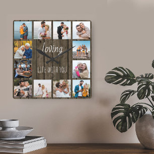 Horloge Carrée Citation « Aimer la vie avec toi » Photo Bois 12