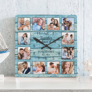Horloge Carrée Citation de famille Collage photo Bois bleu rustiq
