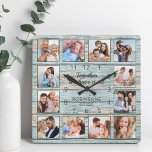 Horloge Carrée Citation de famille Collage photo Bois bleu rustiq<br><div class="desc">Créez facilement votre propre horloge murale personnalisée en bois flotté bleu rustique planches de lac style maison avec vos photos personnalisées. Le design comporte également une belle citation manuscrite : "Ensemble nous avons tout". Pour obtenir de meilleurs résultats, recadrez les images vers le carré - avec le point de mire...</div>