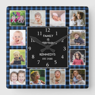 Horloge Carrée Citation de la famille de photos Blue Plaid 12 No