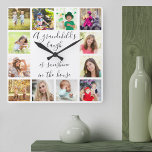 Horloge Carrée Citation Rire d'un petit-enfant 12 Photo Blanc<br><div class="desc">Créez votre propre horloge photo unique pour grands-parents avec 12 de vos photos préférées. La citation des petits-enfants est imprimée dans une élégante typographie manuscrite et dit "le rire d'un petit-enfant est ensoleillé dans la maison". Le design a une palette moderne de couleurs noir et blanc - que vous pouvez...</div>