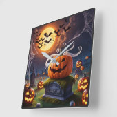 Horloge Carrée Citrouille d'Halloween sur une pierre de tête (Angle)