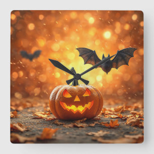 Horloge Carrée citrouille et chauve-souris d'Halloween