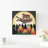 Horloge Carrée Citrouilles d'Halloween assis sur une clôture (Maison)