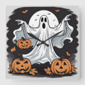 Horloge Carrée Citrouilles fantômes hantés à Halloween (Recto)