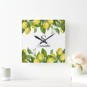 Horloge Carrée Citrus citron moderne Nom du monogramme
