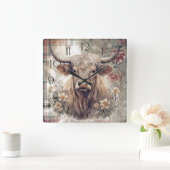 Horloge Carrée Clan d'aquarelle de la vache Highland (Maison)