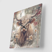 Horloge Carrée Clan d'aquarelle de la vache Highland (Angle)