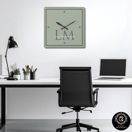 Horloge Carrée Classic Sage Green Monogram Office Accent