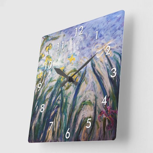 Horloge Carrée Claude Monet - Iris jaunes et violets (Angle)
