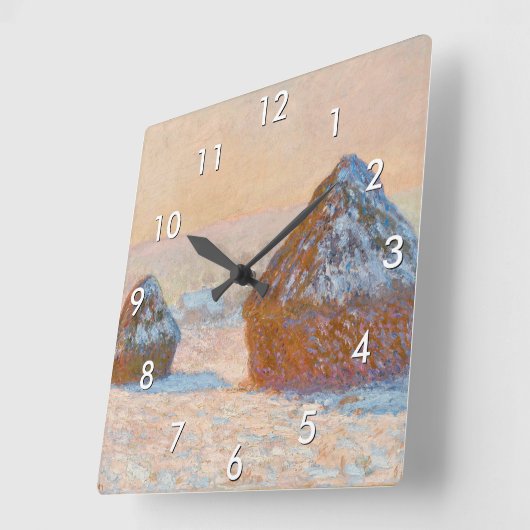 Horloge Carrée Claude Monet - Piles à roues, Effet neige, Matin (Angle)