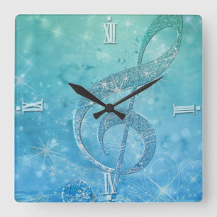 Horloge Carrée Clef triple bleue de bel effet brillant