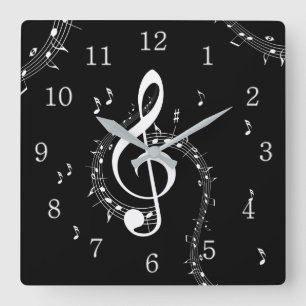 Horloge Carrée Climacic G Clef Musique blanche sur noir 