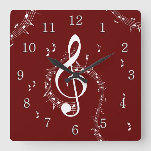 Horloge Carrée Climactic G Clef Musique Rouge avec chiffres blanc (Recto)